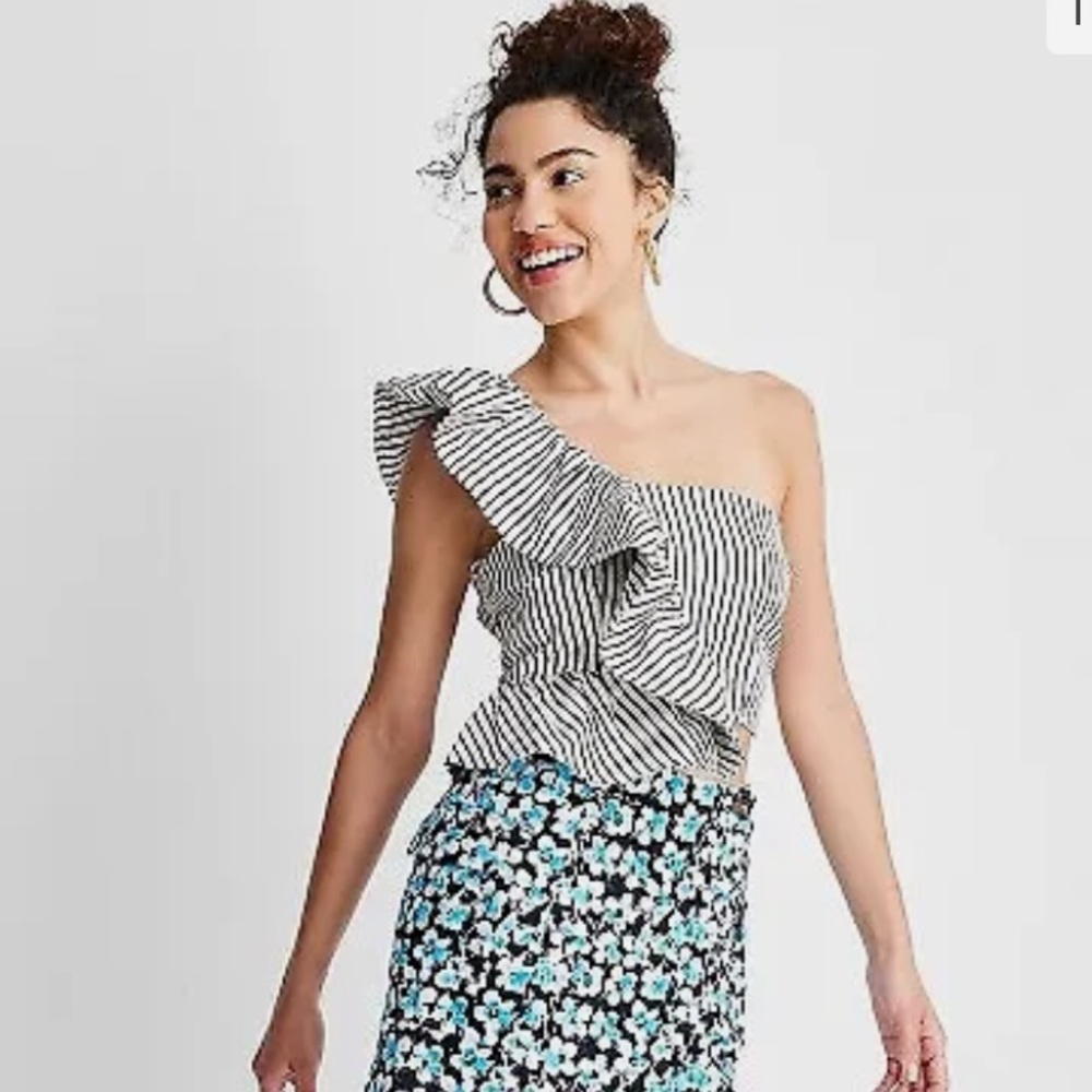 Striped One-Shoulder Ruffle Top - Picture 2 of 8